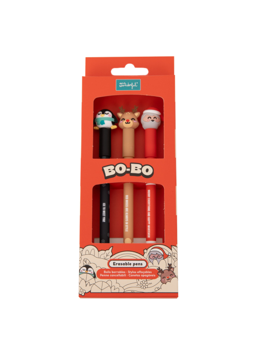 Conjunto 3 Canetas Apagáveis Natal Bo-Bo - Pinguim, Rena e Pai Natal